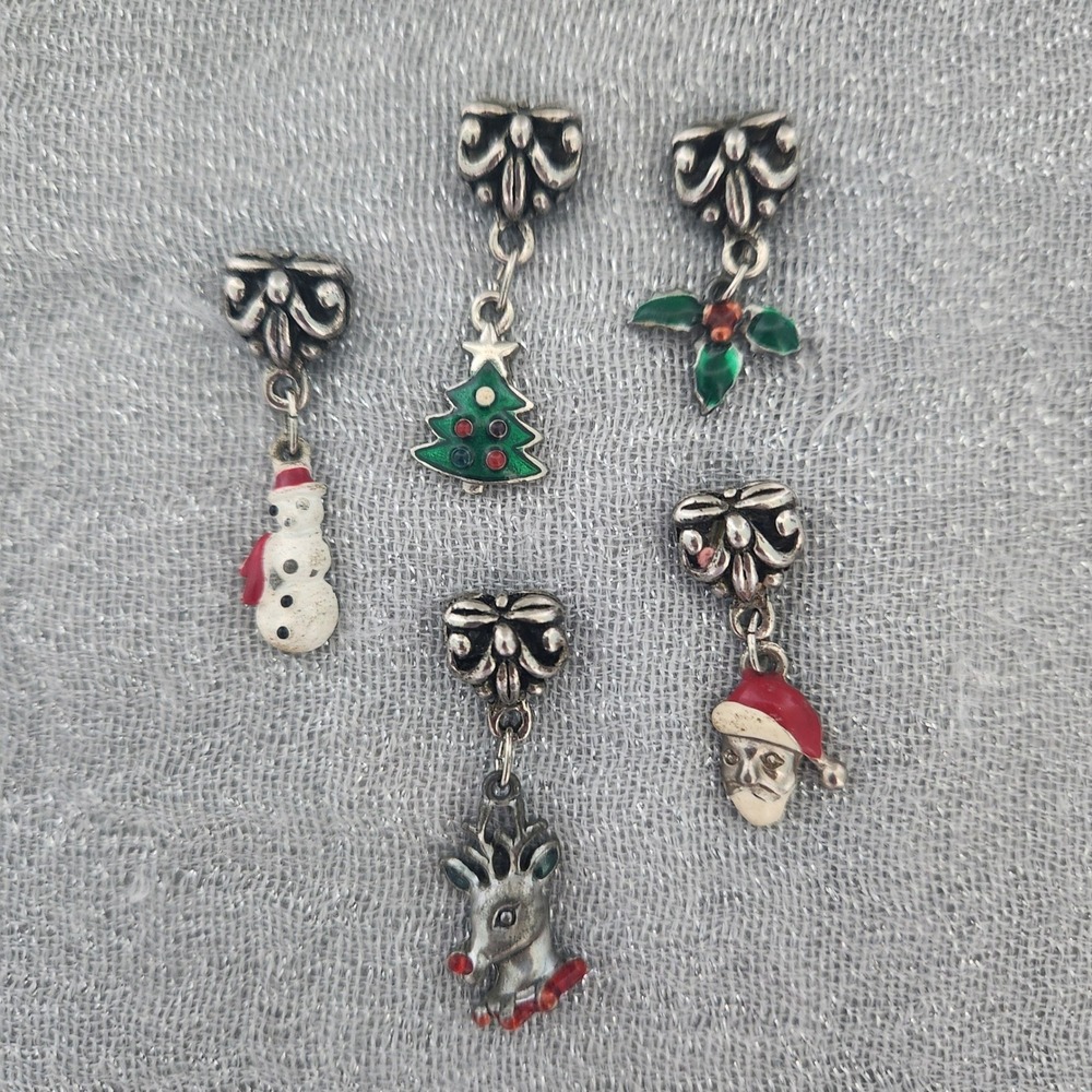 Vtg Christmas Enamel Dangle Charms Set Snowman Tree Reindeer Santa Holly Silver